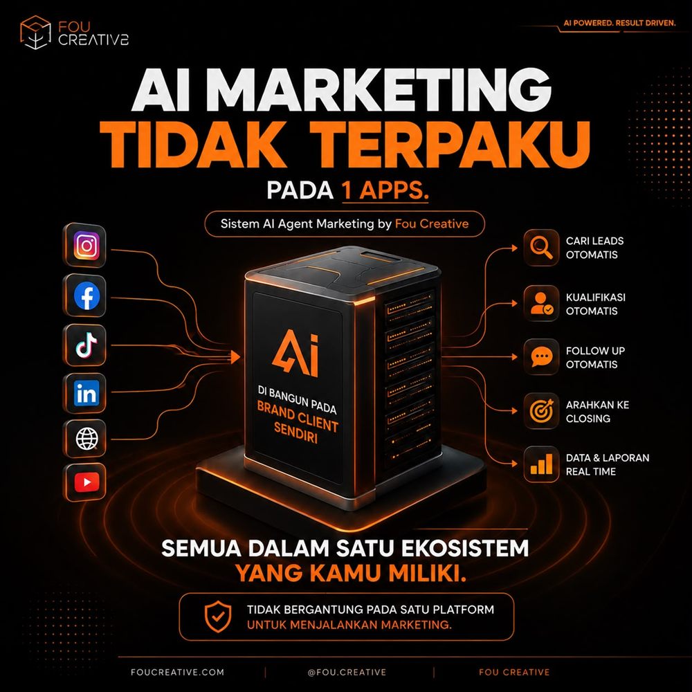 AI Marketing tidak terpaku pada 1 apps — sistem AI Agent Marketing by Fou Creative: cari leads otomatis, kualifikasi otomatis, follow up otomatis, arahkan ke closing, dan data & laporan real time dalam satu ekosistem.