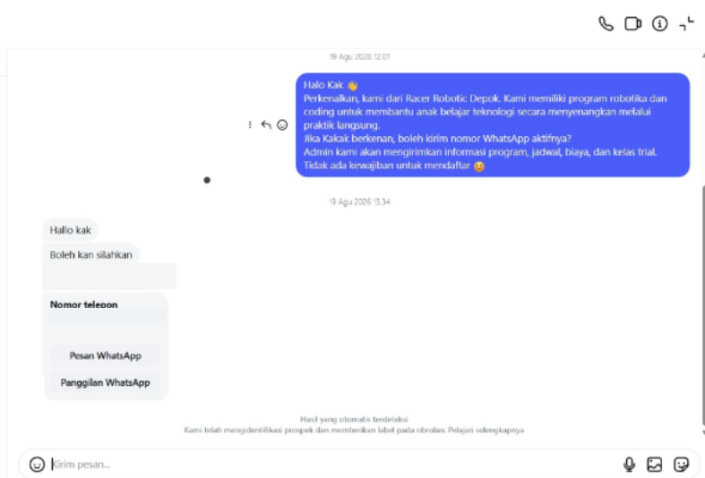 Percakapan testimoni yang menunjukkan potential lead merespons penawaran dan memberikan kontak untuk tindak lanjut.