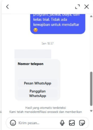 Percakapan testimoni yang menunjukkan potential lead memberikan kontak WhatsApp untuk tindak lanjut.