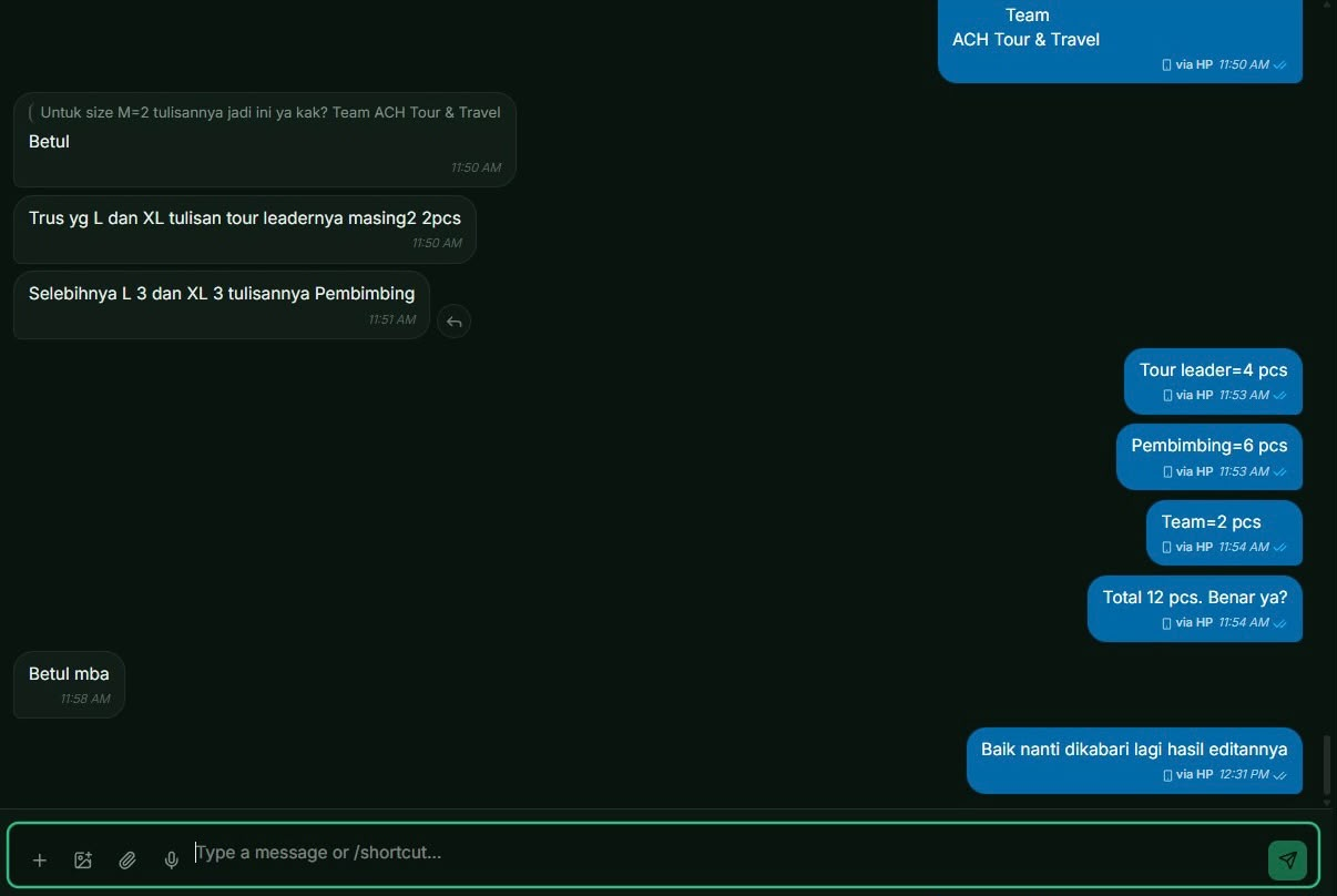 Percakapan testimoni nyata yang menunjukkan proses follow up kebutuhan pesanan hingga konfirmasi jumlah dan tindak lanjut closing.